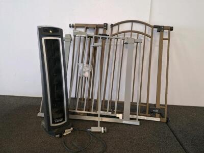 Lasko 42&rdquo; Oscillating Tower Fan / with remote ( powered on) & Summer/Babelio Walk-Through Metal Baby Pet Gates, Adjustable Width
