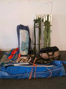 Large Camping Gear Lot: Ozark Trail 14x10 Screen House, 2 Military Cots, Bags, CLC Tool Bag, Ace Face Duffel. (shelf E