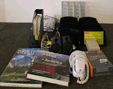 Staples Mega Sorter, Seagate 1TB HDD, Logitech Mouse, Phone, Speakers, Book & Office Lot