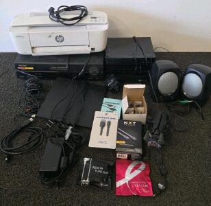 Electronics Lot: HP DeskJet 3752, Sharp VCR, 3 DVD Players, Cambridge Speakers, Cables, Accessories