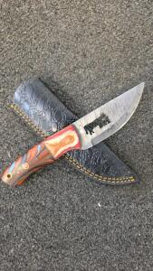 Custom Fixed-Blade Hunting Knife, Damascus Style, Bear Cutout Blade, Mosaic Handle, Leather Sheath