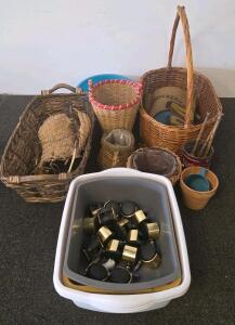 Large Mixed Lot: 5 Woven Baskets, Office Chair Casters, Containers, Metal Sticks, Miscellaneous Items