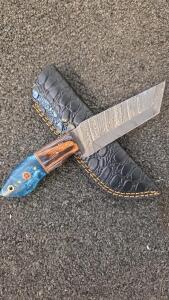 Custom Damascus Fixed Blade Knife &ndash; Wood/Resin Handle, Mosaic Pin, Leather Sheath, Wharncliffe Blade