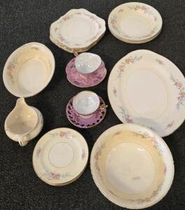 Vintage Floral Porcelain Dinnerware Set, Serving Pieces, Plates, Pink Lusterware Teacups