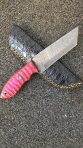 Damascus Fixed Blade Knife, Pink Sculpted Handle, Embossed Leather Sheath, Mosaic Pins