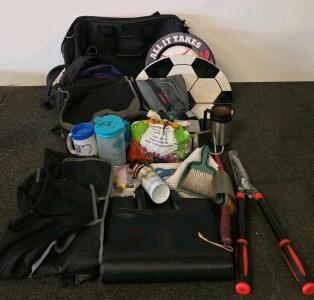 Mixed Lot: Travel Bags, Hand Garden Tools, Decor Signs, Mugs, and Utility Gear