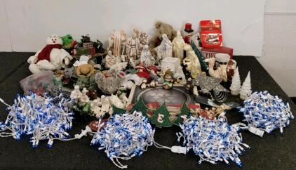 Large Holiday Decor Lot: 2 Nativity Sets, Plush Toys, Lights, Ornaments, Platter, 50+ Pieces (shelf K)