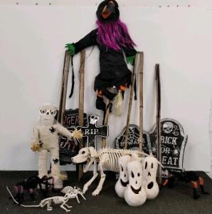 Assorted Halloween Decorations Lot: Witch, Mummy, Skeleton Dog, Tombstones, and More (A)