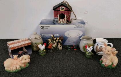 Farmhouse Animal Decor & Kitchenware Lot w/ Pig Figurines, Rooster Pitchers, & NIB Light Kit