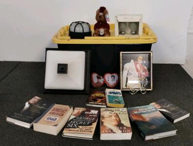 Large Lot: U.S. History Books, Elvis Presley Collectibles, Glass Candle Holders, Plush, Lighting (shelf C)