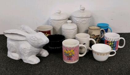 Embossed White Ceramic Kitchen Canister Set, Rabbit Figurine, 7 Assorted Mugs & Cups, 11 Pieces