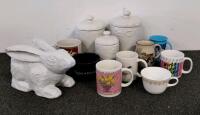 Embossed White Ceramic Kitchen Canister Set, Rabbit Figurine, 7 Assorted Mugs & Cups, 11 Pieces