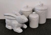 Embossed White Ceramic Kitchen Canister Set, Rabbit Figurine, 7 Assorted Mugs & Cups, 11 Pieces - 2