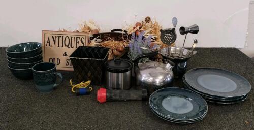 Blue Geometric Stoneware Dinnerware Set (12pc) with Farberware Pot, Kettle, Utensils & Decor