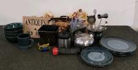 Blue Geometric Stoneware Dinnerware Set (12pc) with Farberware Pot, Kettle, Utensils & Decor