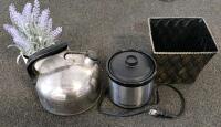 Blue Geometric Stoneware Dinnerware Set (12pc) with Farberware Pot, Kettle, Utensils & Decor - 3