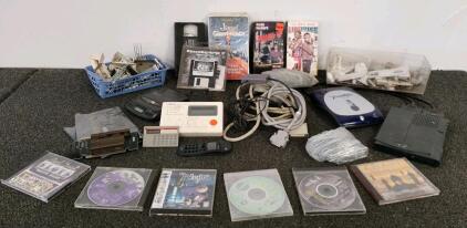 Vintage Mixed Tech Lot: Sega Saturn Games, Iomega Predator, PC Software, CDs, VHS, Hardware