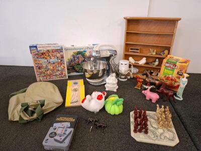 Vintage Hamilton Beach Model K 10-Speed Chrome Stand Mixer with Stainless Steel Bowl( powered on) , Cuisinart chopper, powered on, vintage horse figurines, unique chess set, glassbirds and more