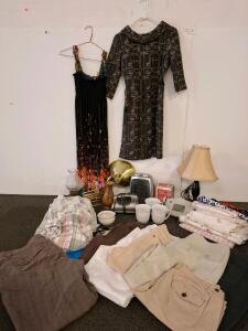 Two lamps, unable to test. Mixed Women&rsquo;s Pants & Shorts Lot &ndash; 6 Brands, Sizes 6-15, Inc. HUE, Old Navy, Chico&rsquo;s, kitchen aid hand mixer. ( powered on) wrist blood pressure tester. And more