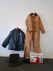 Vintage Chevron Work Jacket Gray XL, Zipper Front, Logo Patch, 4 Pockets, , cover all, George forman grill, (powered on. Pressure washer new in box. Thermos
