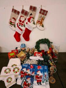 Holiday Decor Lot: 4 Christmas Towels, Plush Turkey, Wooden Snowman Welcome Figurine