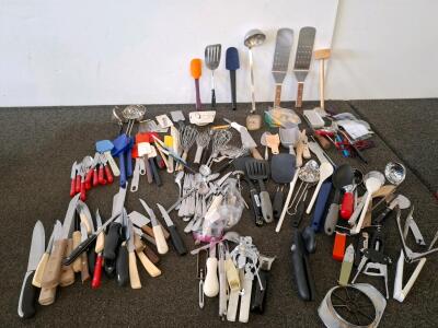 Large Lot of 100+ Mixed Kitchen Utensils, Knives, Spatulas, Cutlery, Openers, Whisks, & More