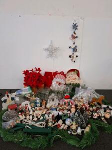 Very extensive Christmas lot. , figurines, rocking horse collection, lights, garland, decorative plates, pottery, Also a Vintage Porcelain Plate with Pink Ombre Edge and Floral Center, Scalloped Design, 7-9 Inches
