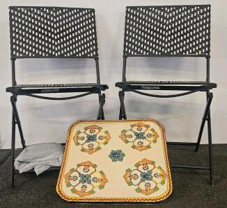 Hand-Painted Mexican Tile Bistro Set, 2 Woven Folding Chairs, Lead-Free Ceramic Tabletop (I)
