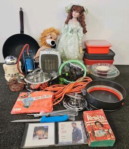 Space heater (tested, works), air pump, porcelain doll, pyrex mixing bowls, oxo Tupperware, stainless steel pot, cake pan, and more
