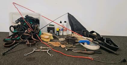 Large Horse Tack & Farrier Lot &ndash; Weaver Lunge Whip, Spurs, Bits, Hoof Boots, Grooming Kit