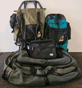 Collection of PEAK External Frame Backpacks, Large Duffel, and Western Pack Briefcase