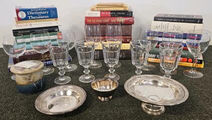 12-Piece Clear Glassware Set: 6 Paneled Water Goblets & 6 Stemmed Wine Glasses. Butter keeper, silver plated dishes and assorted books