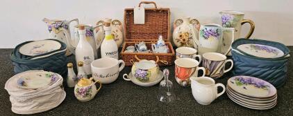 Hand-Painted Porcelain Tableware & Tea Set, 30+ Pcs, Grape Floral Motif w/ Gold Trim & Cases