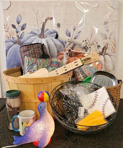 Home Decor & Utility Lot: Wall Art, Baskets, LED Seal Lamp (tested, works), Tray, Mug, Handmade Instrument (L)