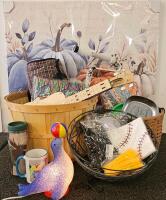 Home Decor & Utility Lot: Wall Art, Baskets, LED Seal Lamp (tested, works), Tray, Mug, Handmade Instrument (L)