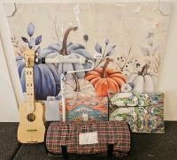 Home Decor & Utility Lot: Wall Art, Baskets, LED Seal Lamp (tested, works), Tray, Mug, Handmade Instrument (L) - 3