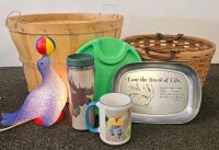 Home Decor & Utility Lot: Wall Art, Baskets, LED Seal Lamp (tested, works), Tray, Mug, Handmade Instrument (L) - 4