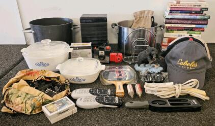 Corning Ware Casserole Dishes (Blue Cornflower Pattern). Assorted baseball caps, two large stock pots, newave dynamic sound system, NBA tennis table racket, books, knife sharpener, and more