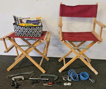 Pair of Wooden Director&rsquo;s Chairs w/ Red Canvas, Coloring Books & Crayola Set, Utility Tools Lot (G)