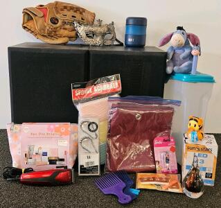 KLH 900B Stereo Bookshelf Speakers, 8 Ohms, 5-140W, Made in USA, Pair, Serial 26253. Bathroom lot with shower curtain and hooks, hair trimmer (tested, works), Disney rubber duck, spa day kit, pedicure set (new), baseball mitt and more