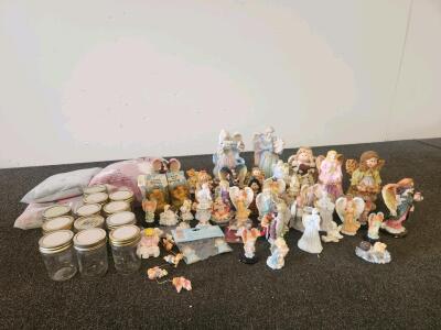 Large Angel Figurine Collection with 12 Glass Mason Jars and 3 Packaged Bedding Sets
