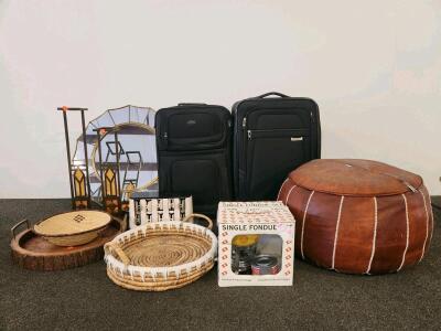 2 Suitcases, Cushion Foot Rest, and Yellow 4-Piece Cheese Fondue Set with Fuel Burner and Original Packaging