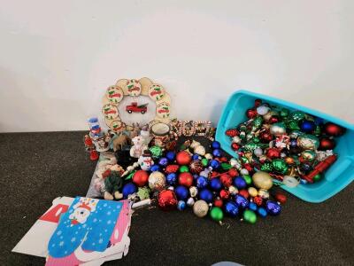 Large Assorted Christmas Decoration Lot: Ornaments, Wreath, Figurines, Mugs, Bin Full of Various Round Ornaments