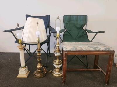 Mixed Lot: 2 Folding Camp Chairs, Upholstered Bench, 3 Table Lamps with Shades