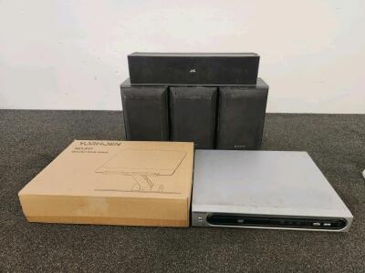 Magnavox DVD Player (tested) with 3 Sony Bookshelf Speakers, JVC Soundbar, & Wooden Book Stand