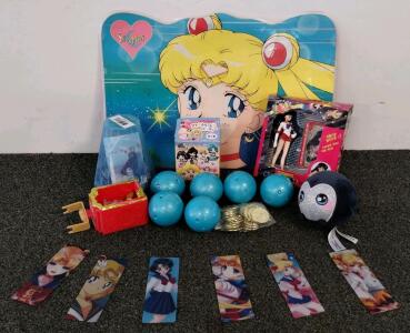 Large Sailor Moon & Frozen Collectible Lot - Figures, Plush, Bookmarks, Mat, Gashapon, Coins