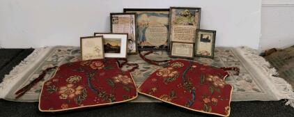 Vintage Mixed Decor Lot&mdash;7 Framed Art Prints, Wool Floral Rug 40"x20", 2 Red Floral Chair Cushions