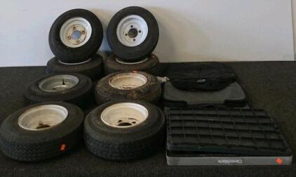 Lot of 8 Trailer Wheels/Tires 4.80-8 Size, 4 Lug, Bias Ply, Painted Steel Rims, With Crate