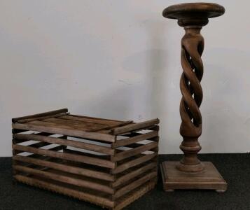 Spiral Wood Pedestal Stand 34" & Vintage Wooden Slatted Crate Box 18" Set