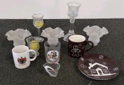 Holiday & Crest Mug Set, Crystal Candle Holders, Frosted Glass Vases, Plate &ndash; 12 Pc Tableware Lot